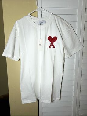 Ami White Crewneck T-Shirt with Red Heart 'A' Logo